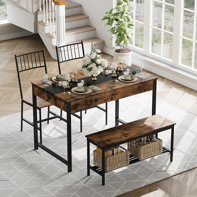 GarveeHome Dining Table Set for 4,Kitchen Table with Bench & 2 Chairs,Retro | Includes Storage Rack & Drawers, Space-Saving，Rectangular Farmhouse Style, Perfect for Breakfast Nook - Image 3