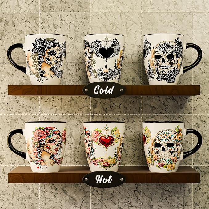 Color Changing Sugar Skull Coffee Mug 12oz – Heat Sensitive Ceramic Cup with Day of the Dead Skull & Floral Design, Gothic Halloween Theme Mug, Unique Christmas Holiday Birthday Gift for Men & Women - Image 2