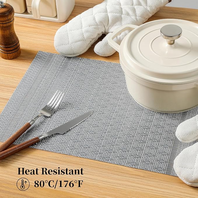 Leetaltree Lunar Grey Placemats Set of 12 - Heat Resistant Non-Slip Place mats for Dining Table, Washable Durable PVC Vinyl Woven Table Mats（Lunar Grey, 12） - Image 4
