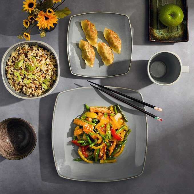 Gibson Elite Soho Lounge Square Reactive Glaze Stoneware Dinnerware Set, Service for 4 (16pc), Light Gray - Image 5