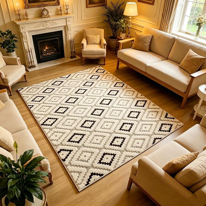 5'x7' Washable Area Rugs for Living Room Bedroom Office, Diamond | Soft Cozy Fluffy Mid Pile Machine Washable Non Slip Boho Modern Accent Rug for Dining Room Office Kids Room Dorm Hotel by Ukeler
