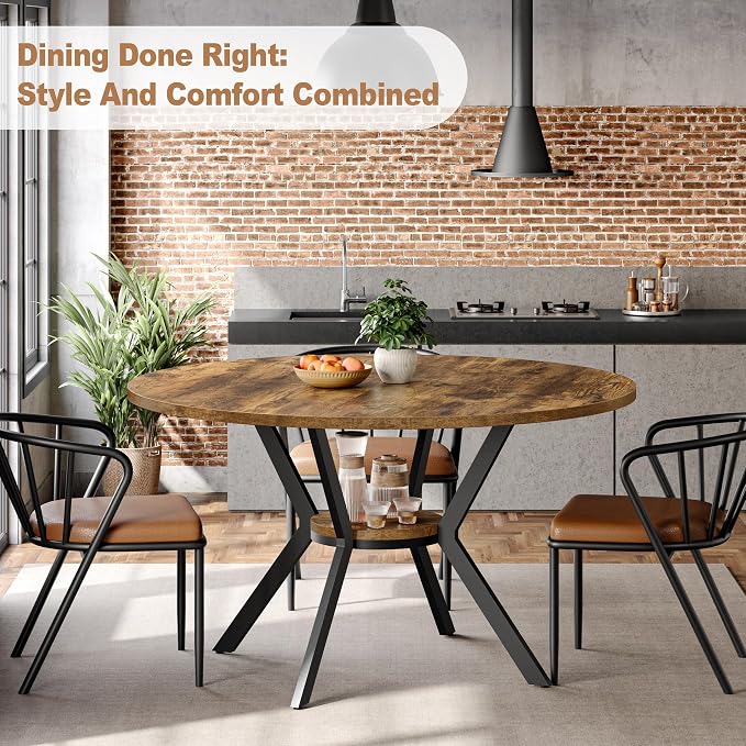 MECHYIN Round Dining Table for 2-4, 42 Inch Wood Kitchen & Dining Room Tables with Storage, Circle Dinner Table with Metal Legs, Space Saving Small Table for Dining Room, Kitchen, Rustic Brown - Image 7