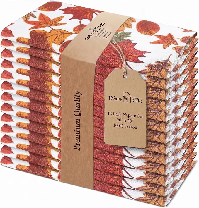 Urban Villa Cloth Napkins Cotton 20x20 (Set of 12) Harvest Leaf Print by CottonTrends