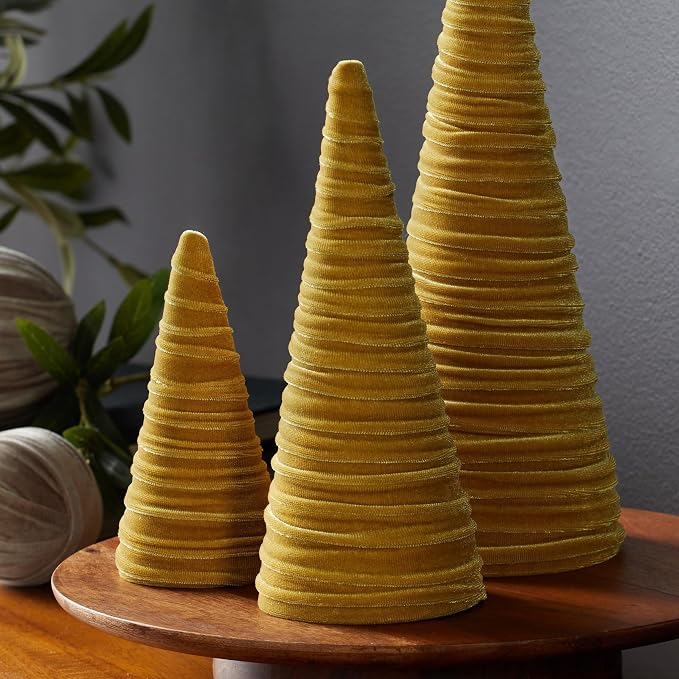 Your Heart's Content Velvet Trees Set of 3 Gold, Handcrafted Minimalist Mantel Decor, Winter Wedding Centerpiece, Valentine Tree Tabletop, Cozy Shelf Sitter (Gold) - Image 3