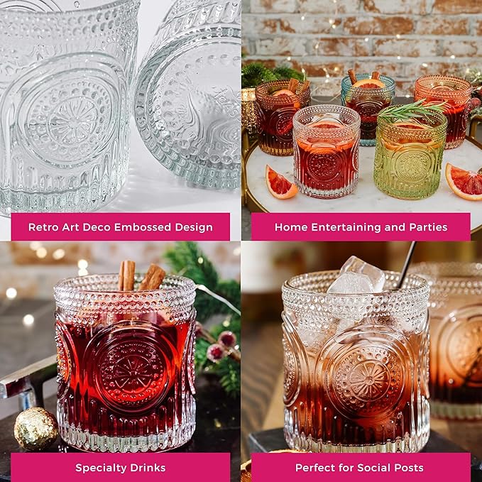 Ribbed Retro Arch Floral Clear Drinking Glasses Set of 6, (10 oz) Vintage Glassware Set by Kate Aspen| Cocktail Glass Set, Juice Glass, Water Cups | Great Hostess Gift & Gift for New Home Owners - Image 5
