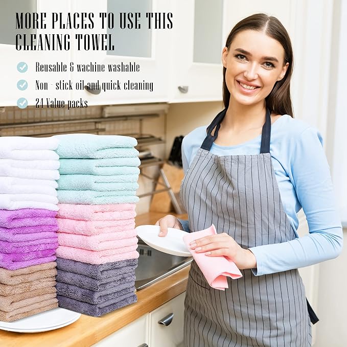 24 Pack Kitchen Dishcloths - Does Not Shed Fluff - Reusable Dish Towels, Dish cloths, Super Absorbent Coral Fleece Cleaning Cloths, Nonstick Oil Washable Fast Drying, 10 x 20 Inch (Multicolor) - Image 7