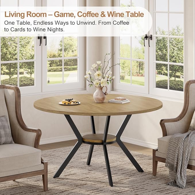 MECHYIN 42'' Round Dining Table for 2–4, Farmhouse Round Kitchen Table with Storage Shelf, Pedestal Dinner Table, Wood Top & Metal Base, Small Space Table for Apartment, Dining Room, Light Oak - Image 7