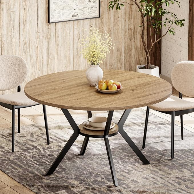 MECHYIN 42 Inch Round Dining Table for 2–4, Farmhouse Round Kitchen Table with Storage Shelf, Pedestal Dining Table, Wood Top & Metal Base, Small Space Table for Apartment, Dining Room by MECHYIN