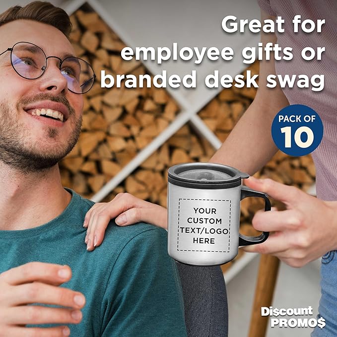 DISCOUNT PROMOS Custom Stainless Steel Travel Mugs with Handle 12 oz. Set of 10, Personalized Bulk Pack - Perfect for Coffee, Soda, Other Hot & Cold Beverages - Stainless Steel