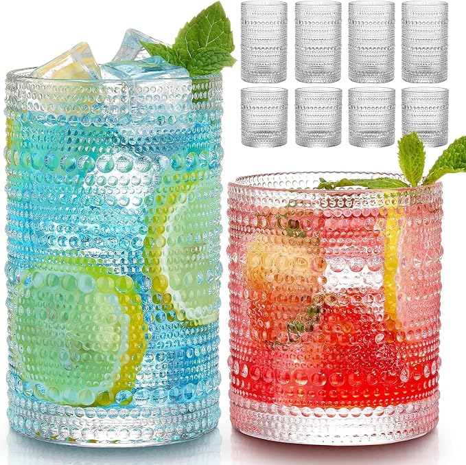 Hlukana Vintage Hobnail Drinking Glasses Set of 8, 12 oz Highball Glasses & 10 oz Cocktail Glasses Set, Kitchen Water Glasses Cup, Bar Tumbler Glassware Set for Beer, Juice, Cocktail, Whiskey, Milk by Hlukana