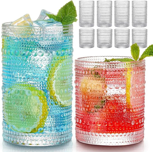 Hlukana Vintage Hobnail Drinking Glasses Set of 8, 12 oz Highball Glasses & 10 oz Cocktail Glasses Set, Kitchen Water Glasses Cup, Bar Tumbler Glassware Set for Beer, Juice, Cocktail, Whiskey, Milk by Hlukana