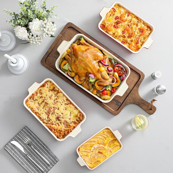Bakeware Set of 4, MALACASA Porcelain Baking Pans Set for Oven, Casserole Dish, Ceramic Rectangular Baking Dish Lasagna Pans for Cooking Cake Pie Dinner Kitchen, Red (9.5"/11.25"/12.75"/14.5") | Rectangular Lasagna Pan Bakeware for Roasting Vegetable, ... - Image 5
