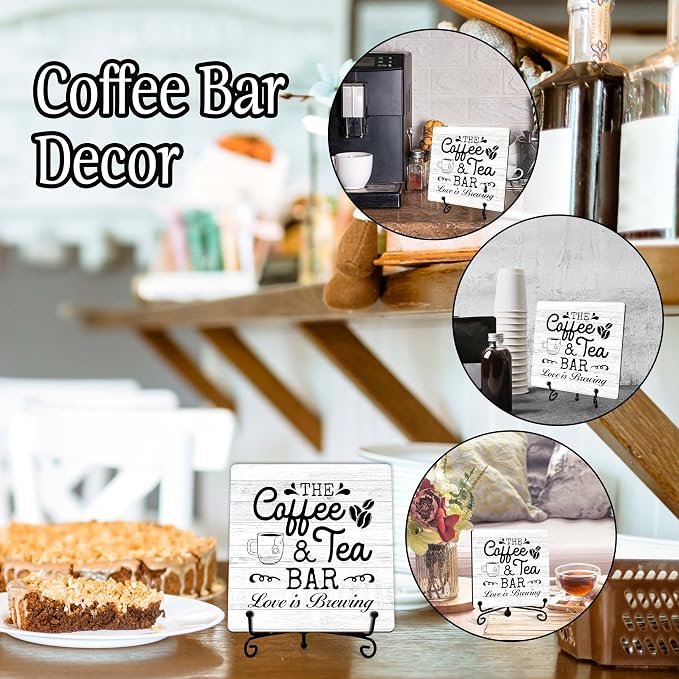 Coffee Bar Sign, Love is Brewing Farmhouse Tabletop Decor, Coffee and Tea Lover Gifts, 5x5 Wood Plaque with Iron Stand for Home Kitchen Cafe, Coffee Bar Decor – L09 - Image 3