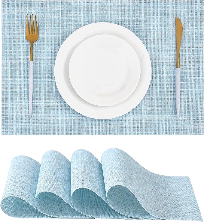 Leetaltree Soft Sky Blue Woven Placemats Set of 4 - Heat Resistant Non-Slip Place mats for Dining Table, Washable Durable PVC Vinyl Woven Table Mats(Sky Blue, 4) by Leetaltree-ArtatEveryTable
