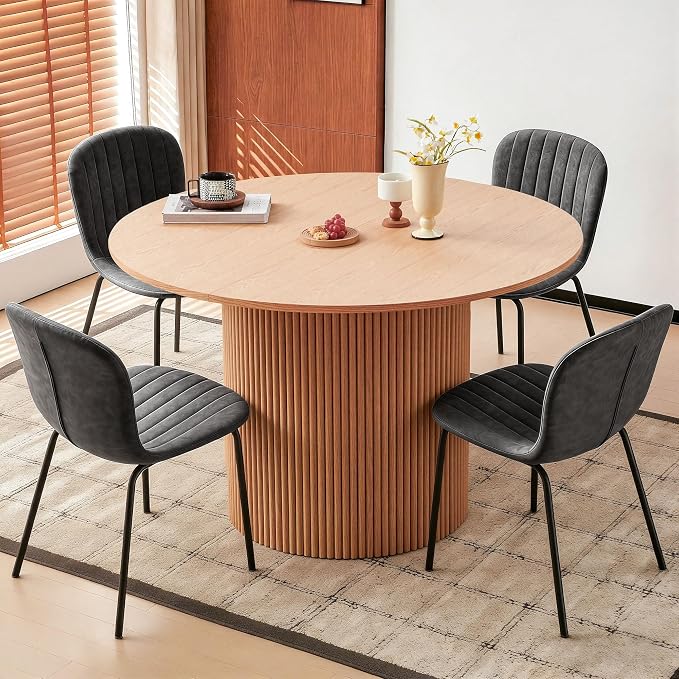 5 Piece Round Dining Table Set for 4, Mid Century Modern Wooden Kitchen Table and Chairs, Space-Saving Small Dinette Set (47 Inch Oak Table+4 Grey Chairs) by SQPFTW