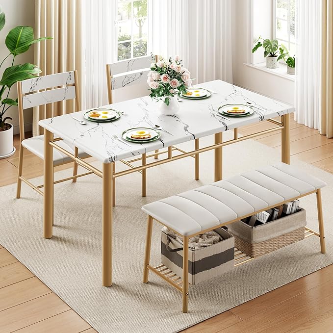 IRONCK Dining Table Set for 4, Kitchen Table and Chairs Set, White & Gold | Kitchen Table with Upholstered Bench and 2 Chairs for Small Space, Apartment - Image 3