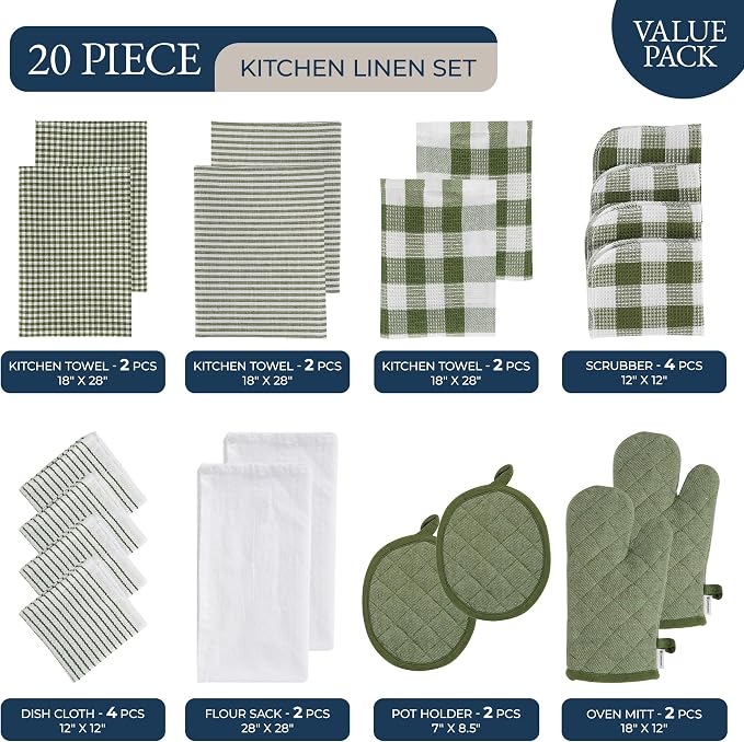 LANE LINEN Kitchen Towel and Pot Holder Sets 20 Pc - Eco Friendly Reusable Cotton Dish Towels, Soft Flour Sack Tea Towels, Absorbent Kitchen Hand Towels, Heat Resistant Oven Mitts for Cooking - Olive - Image 2