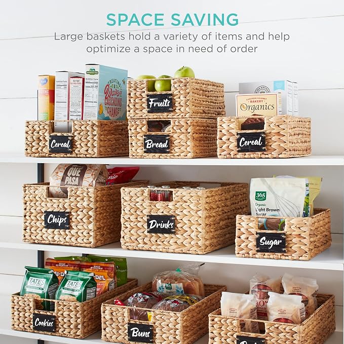 Best Choice Products Pantry Baskets Set of 2 16x12in Water Hyacinth Storage Baskets, Woven Wicker Kitchen Organizers with handles w/Chalkboard Label Chalk Marker - Natural - Image 4