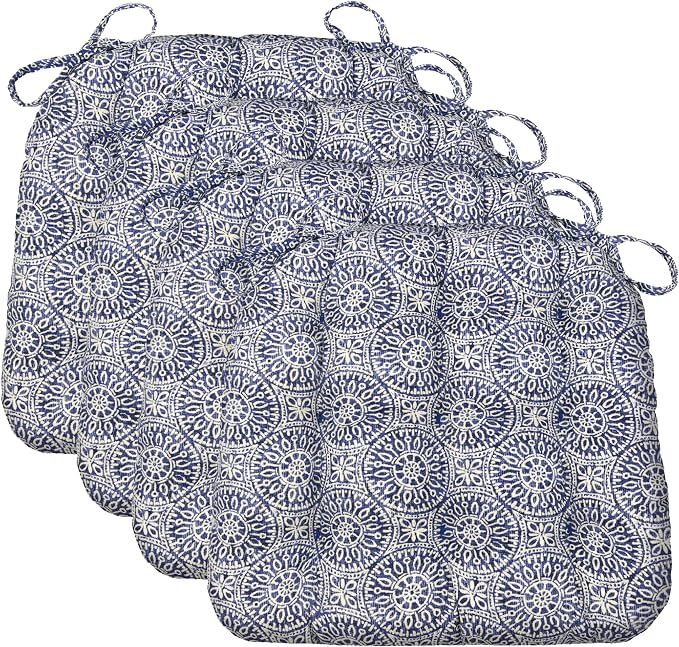 Barnett Home Decor Chair Cushions for Dining Chairs - 15x17 Kitchen Chair Cushions - Machine Washable, 100% Cotton, Made in USA - Latex Foam Comfort Chair Pads - Tibet Blue Small Pack of 4 by BarnettHomeDecor