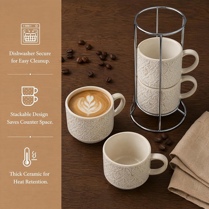 6 Oz Coffee Mugs with Stand, Stackable Ceramic Espresso Cups Set of 4, Embossed Coffee Cups Sets, Porcelain Cappuccino for Latte, Cocoa, Mocha, Tea, Dishwasher Safe, Vintage White - Image 9