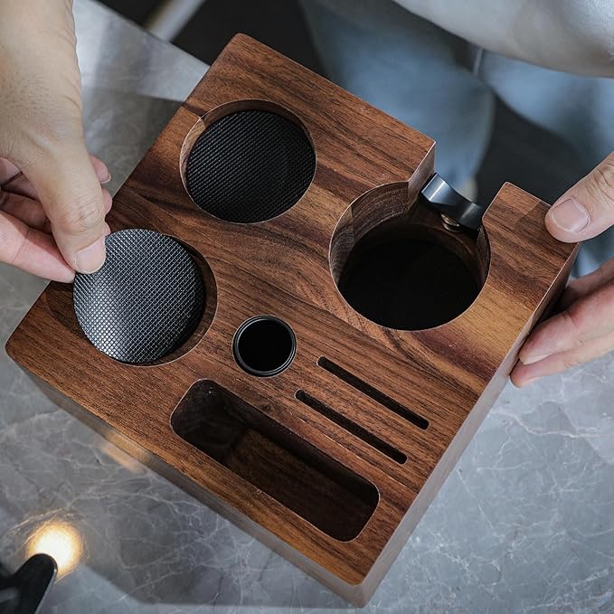 58mm Rocket Accessories Kit – E61 Bottomless Portafilter, Espresso Tamper, Distributor, Tamping Station, Puck Screen & Funnel Premium Walnut Espresso Tools Barista Kit