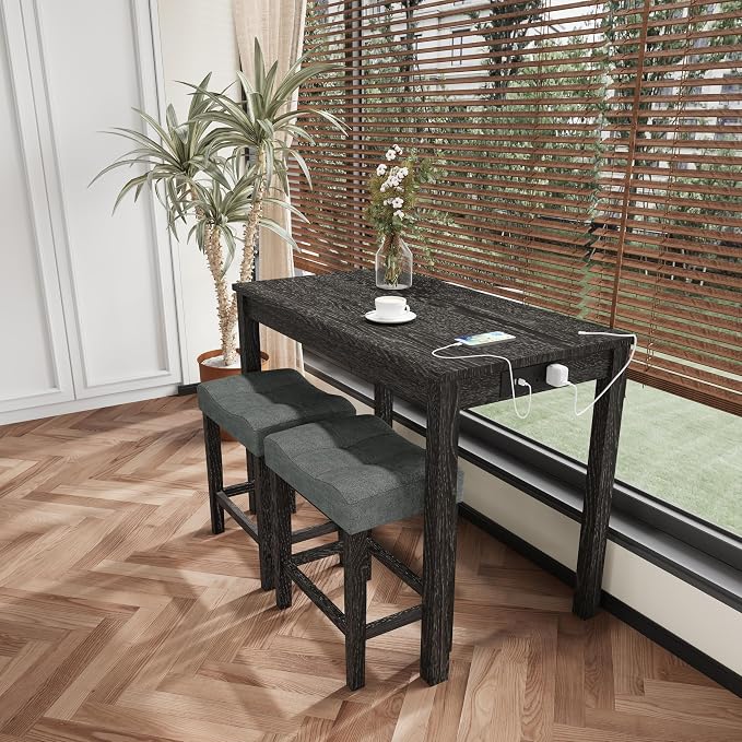 allamazing 3-Piece Counter Height Bar Table Set with Socket and 2 Fabric Padded Bar Stools, Tall Kitchen Breakfast Dining Table Set with Stools (1+2 Black) - Image 7