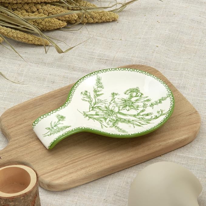 Bico Green Garden Toile De Jouy Spoon Rest for Stove Top, Ceramic Spoon Holder for Kitchen Counter, Easy to Clean Coffee Spoon Rest Dishwasher Safe, Kitchen Cooking Utensil Rest for Ladles Spatula - Image 4