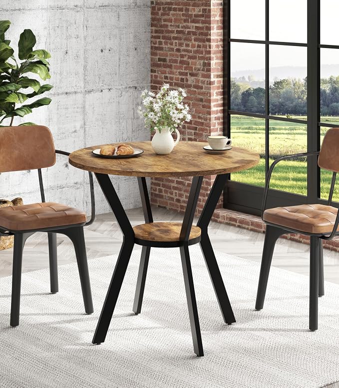 MECHYIN 31.5" Round Kitchen Table for 2-4, Small Round Dining Table with Storage, Rustic Wood Circle Table with Metal Legs, Compact Dining Room Table for Kitchen, Cafe, Apartment and Small Space by MECHYIN