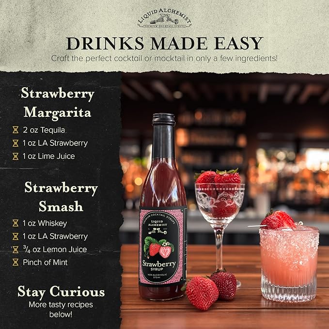 Liquid Alchemist Strawberry Syrup for Drinks - Real Ingredients Make our Strawberry Puree for Drinks a Perfect Margarita Mix - Our Flavored Syrup is Gluten & Dairy Free (12.7 oz)