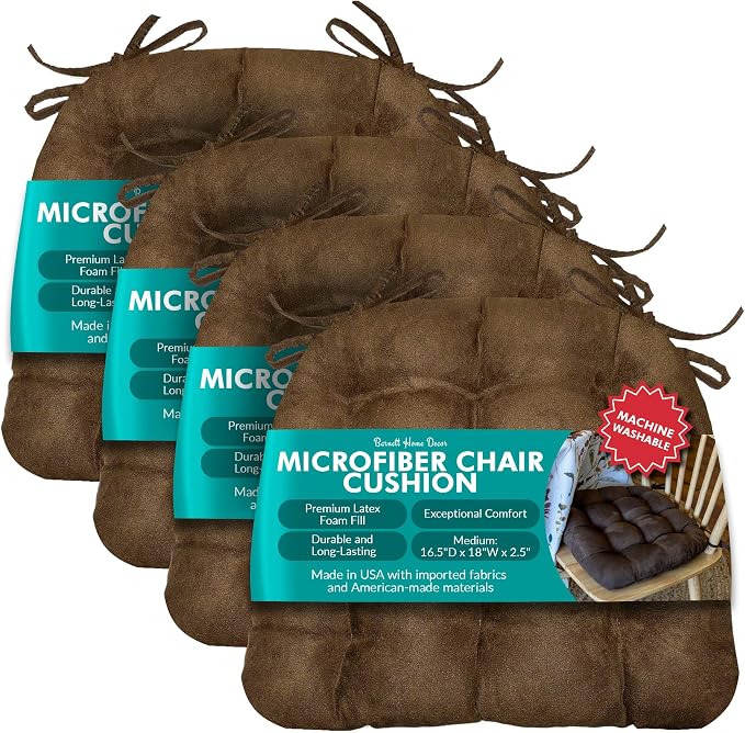 Barnett Home Decor Hayden Dining Chair Cushions with Ties 16.5 x 18 Inches, Pack of 4 – Machine Washable, Made in USA, Reversible w/ Plush Latex Foam Fill for Comfortable Seating – Coffee Bean Brown by BarnettHomeDecor