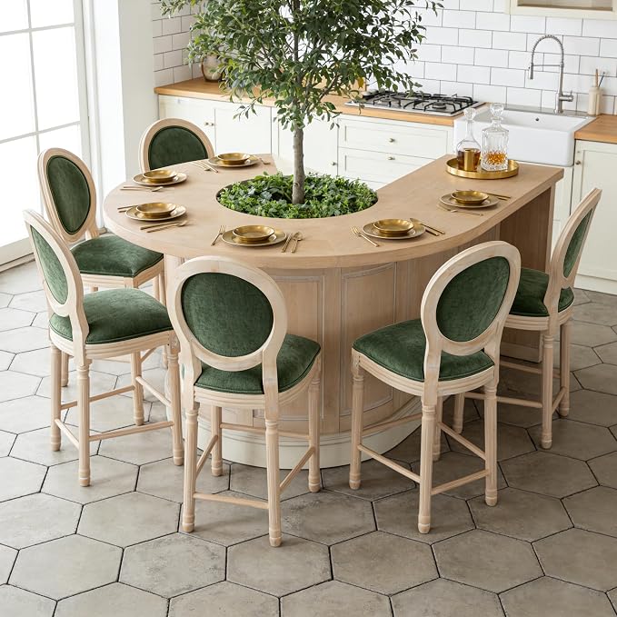French Country Barstool, Linen Farmhouse Counter Height Chair | Set of 6, with Cushion Round Back and Solid Wood Legs, Oval Chairs for Restaurant, Bar, Kitchen, Café, Green - Image 2