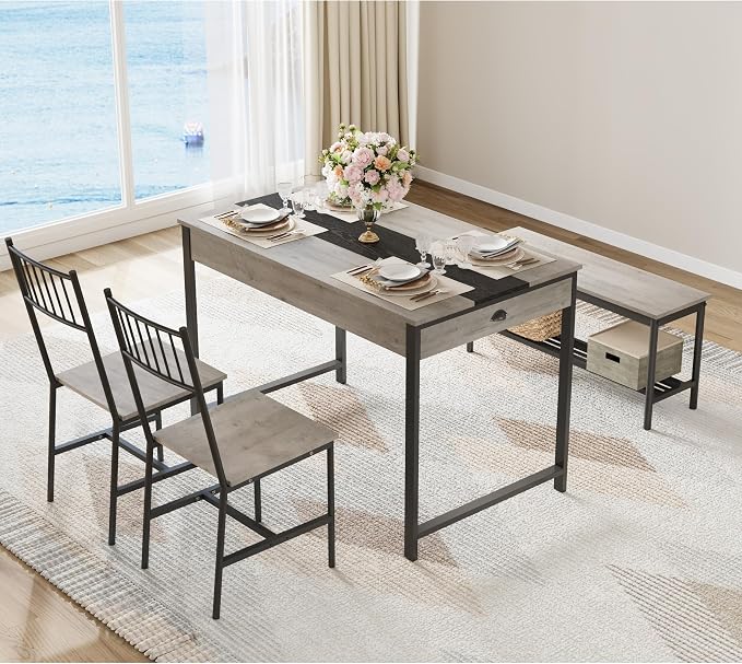 GarveeHome Dining Table Set for 4,Kitchen Table with Bench & 2 Chairs, Grey | Includes Storage Rack & Drawers, Space-Saving，Rectangular Farmhouse Style, Perfect for Breakfast Nook - Image 3