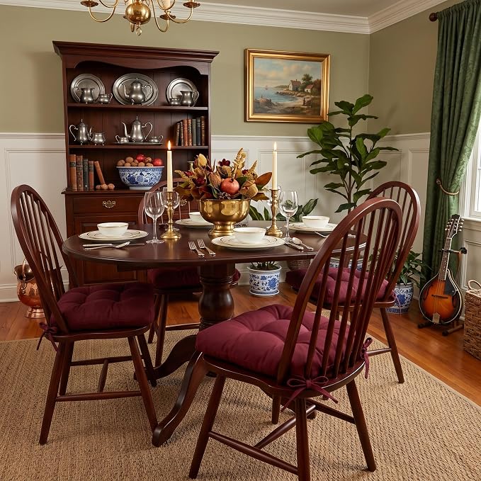 Barnett Home Decor Extra-Thick Dining Chair Pad with Ties - Solid Color Cotton Duck - Reversible, Latex Fill, Tufted Cushion - Wine Red - Image 4