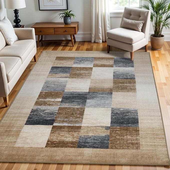 Superior Indoor Non-Slip Area Rug, Rustic Floor Decor, Color Block Rug for Living Room, Bedroom, Office, Kitchen, Dining, Washable Rugs, Foam Back, Lockwood Collection, 4' x 6', Cream - Image 2