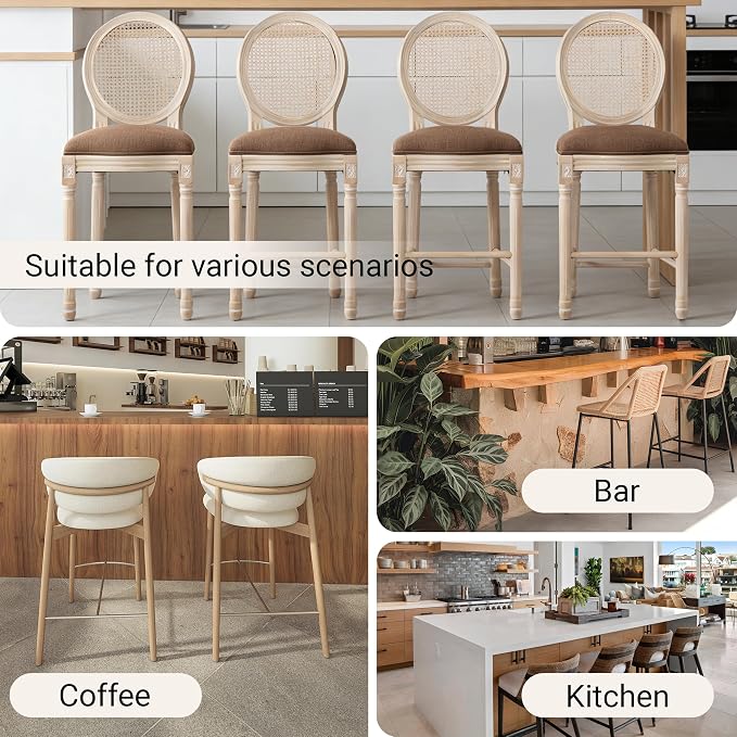 French Country Barstool, Linen Farmhouse Counter Height Chair | Set of 6, with Rattan Round Back and Solid Wood Legs, Oval Chairs for Restaurant, Bar, Kitchen, Café, Brown - Image 7
