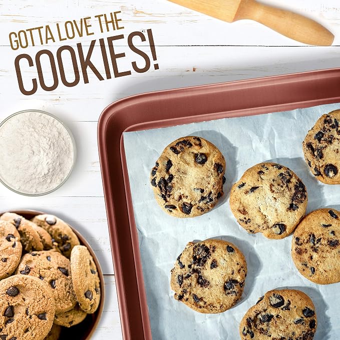 NutriChef Nonstick Cookie Sheet Baking Pan - 2pc Large & Medium Metal Oven Baking Tray, Professional Quality Kitchen Cooking Non-Stick Bake Trays w/ Rimmed Borders, Rose Gold - Image 5