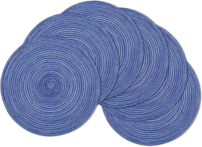 SHACOS Round Braided Placemats 15 inch Set of 6 Washable Kitchen Table Placemats for Home Wedding Party (Blue White, 6) by SHACOS
