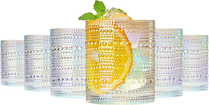 Hobnail Beaded Lowball Drinking Tumbler Glasses | Set of 6 | Iridescent Pearl Vintage Bubble Design Glassware, Old-Fashioned, Embossed Design, Water, Wine, Cocktail Embossed Heavy Glass, Rocks Glass by Khen
