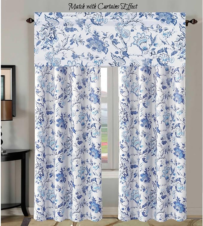 H.VERSAILTEX Blackout Curtain Valances for Kitchen Window/Living Room/Bathroom Privacy Added Rod Pocket Home Decoration Winow Valance, 52" W x 18" L, Flroal in Blue and White (Pack of 4) - Image 9