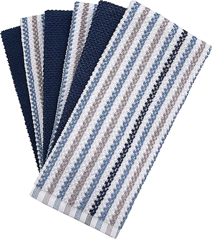 Premium Kitchen Towels (16”x 26”, 12 Pack) | Large Cotton Kitchen Hand Towels | Popcorn Striped Design | Dish Towels | 430 GSM Highly Absorbent Tea Towels Set with Hanging Loop | Blue - Image 2