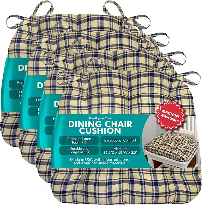 Barnett Home Decor Chair Cushions for Dining Chairs - 16.5 x 18 Kitchen Chair Cushions - Machine Washable, 100% Cotton, Made in USA - Latex Foam Comfort Chair Pads - Montgomery Blue Medium Pack of 4 by BarnettHomeDecor