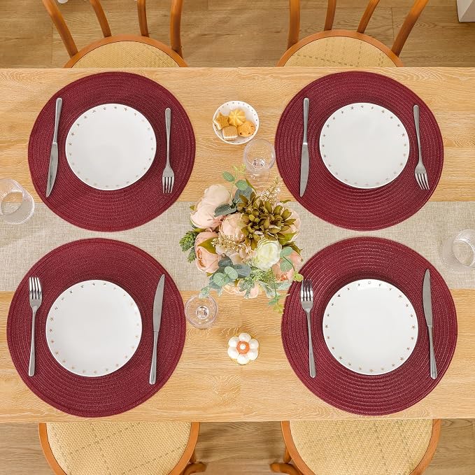 SHACOS Round Placemats Set of 8 for Dining Table 15 inch Round Braided Place Mats Cotton Polyester Washable Non Slip Kitchen Table Mats, Burgundy - Image 8
