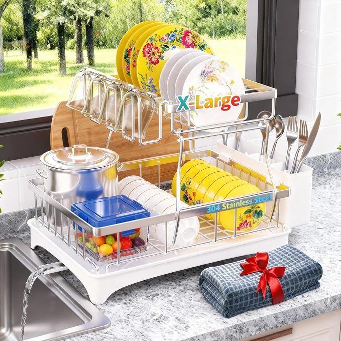 Godboat 2-Tier Dish Drying Rack - 304 Stainless Steel Dish Rack Auto Drain | Dish Racks for Kitchen Counter, Dish Drainer with Knife Fork & Cup Rack, Gifts for Women, Mothers Day, Kitchen Gadget, Silver by Godboat