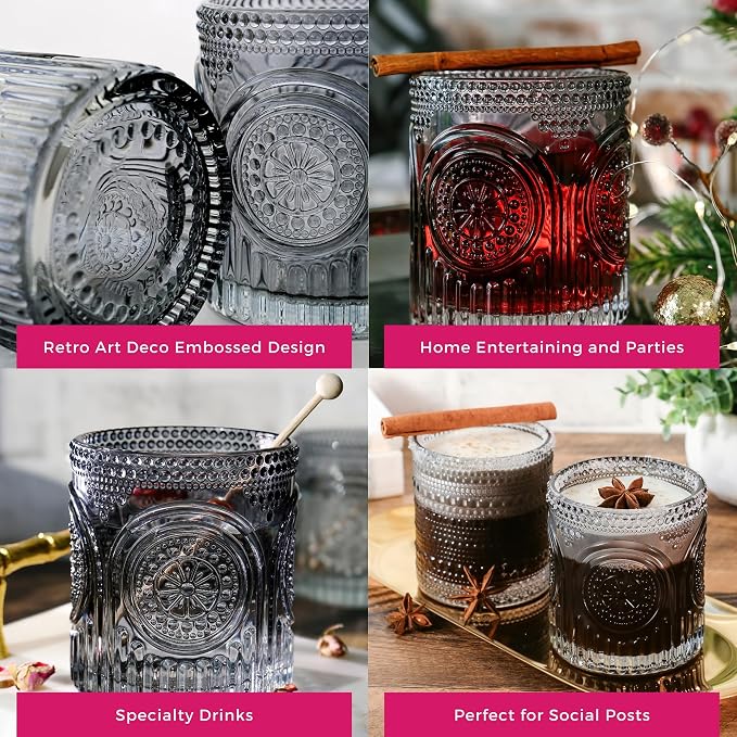 Ribbed Retro Arch Floral Smoke Grey Drinking Glasses Set of 6, (10 oz) Vintage Glassware Set by Kate Aspen| Cocktail Glass Set, Juice Glass, Water Cups | Hostess Gift & Present for New Home Owners - Image 5