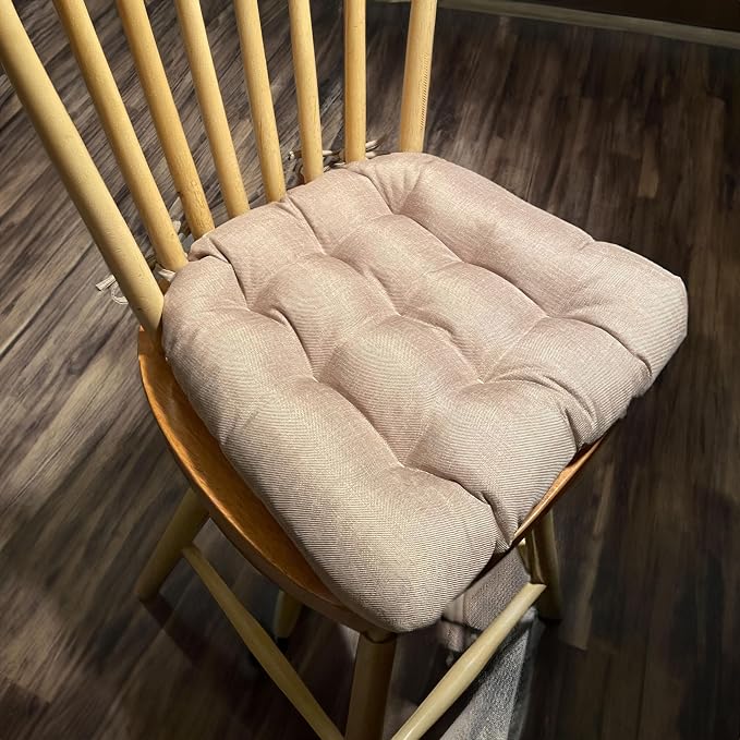 Barnett Home Decor Hayden Beige Dining Chair Pad with Ties - 15 x 17 Size Small Chair Cushion - Reversible, Latex Foam Fill Cushion, Machine Washable, Linen Look (Almond) - Image 7