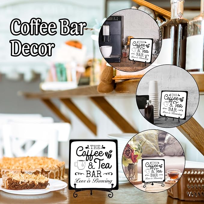 Coffee Bar Sign, Love is Brewing Farmhouse Tabletop Decor, Coffee and Tea Lover Gifts, 5x5 Wood Plaque with Iron Stand for Home Kitchen Cafe, Coffee Bar Decor – L06 - Image 3