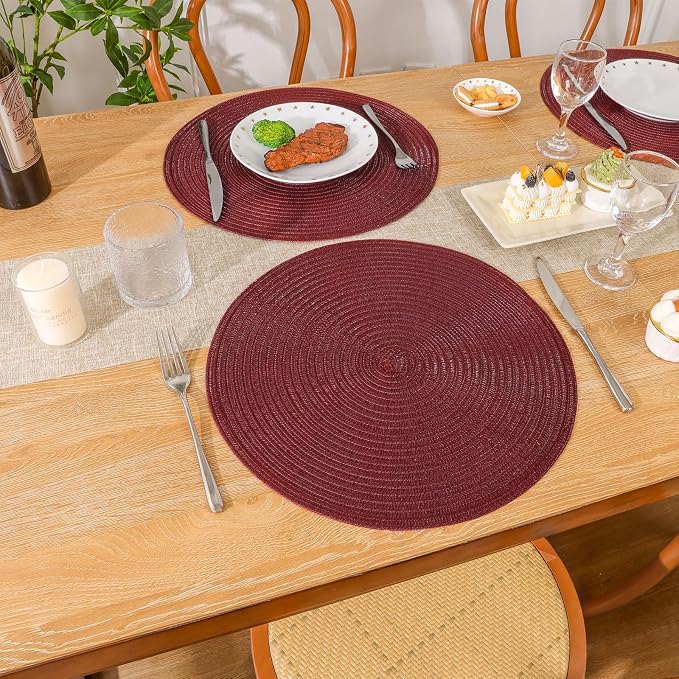 SHACOS Round Placemats Set of 4 for Dining Table 15 inch Round Braided Place Mats Washable Non Slip Kitchen Table Mats, Burgundy - Image 6