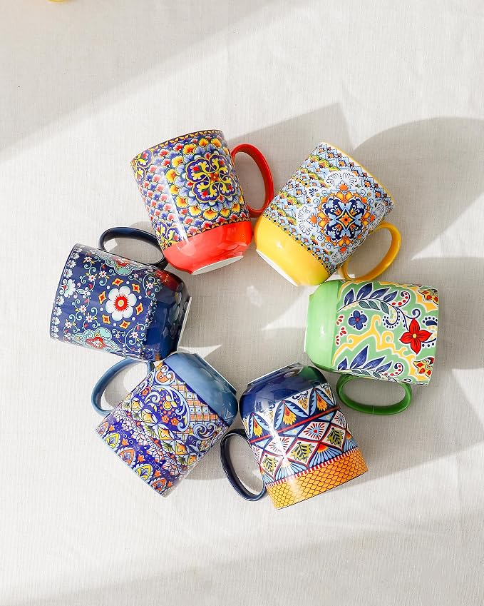 HENXFEN LEAD Boho Ceramic Coffee Mugs Set of 6, 14 oz | Assorted Patterns, Ideal for Coffee, Tea, Latte & Hot Cocoa, Microwave & Dishwasher Safe, Lead-Free Glaze - Image 4