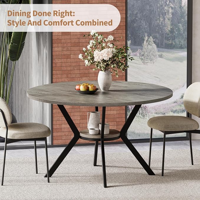 Round Dinner Table for 2-4, 42 Inch Kitchen & Dining Room Table with Storage, Wooden Circle Dining Table, Mid Century Modern Dining Table with Metal Legs for Kitchen, Living Room, Dining Room, Grey - Image 8