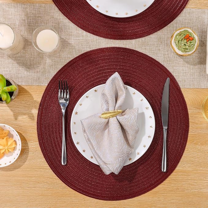 SHACOS Round Placemats Set of 6 for Dining Table 15 inch Round Braided Place Mats Washable Non Slip Kitchen Table Mats, Burgundy - Image 5